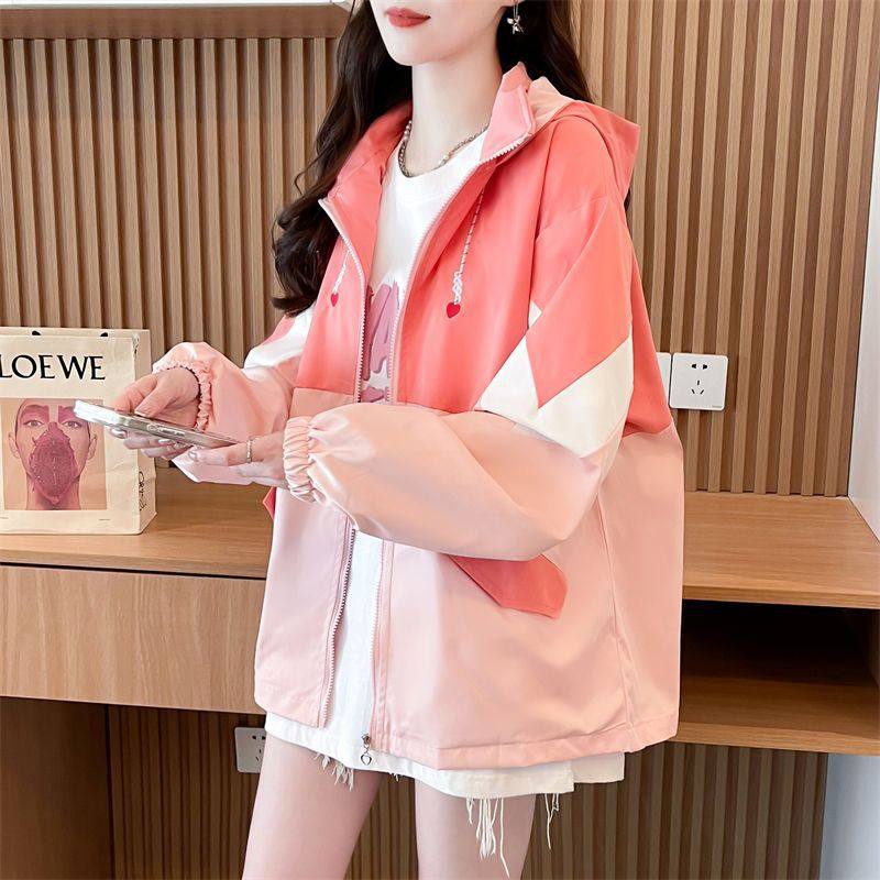 韩版撞色连帽风衣外套女春秋2025新款宽松大码小个子高级感中长款