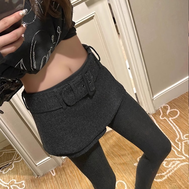 【现货高质量】毛毡裙裤 针织呢短款辣妹裙裤宽腰带半身裙裙子女