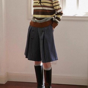 毛呢灰色条纹五分裤 秋冬宽松休闲短款 女宽松休闲A字廓形 现货