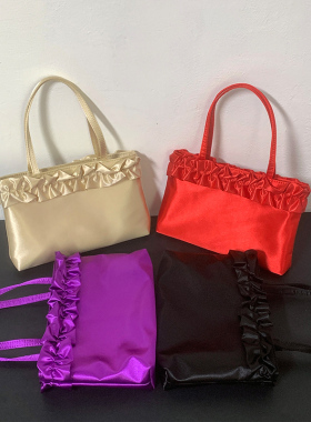 红色手提包女结婚2024新款高级感时尚复古花边丝绸缎面小包腋下包