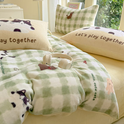 萌宠~秋冬保暖牛奶绒床上四件套加厚珊瑚绒可爱卡通床单被套