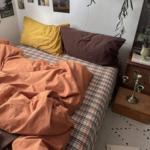 缤纷彩色~纯棉水洗棉混搭四件套全棉床单被套格子纯色2.0米床品