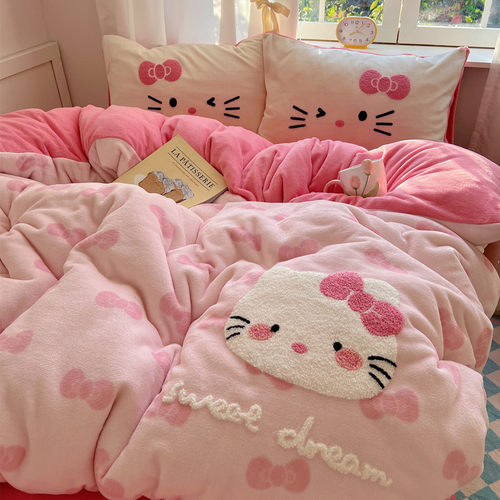 粉色小猫公主风冬季双面四件套