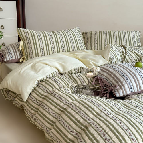 全棉色织双层纱条纹水洗棉四件套