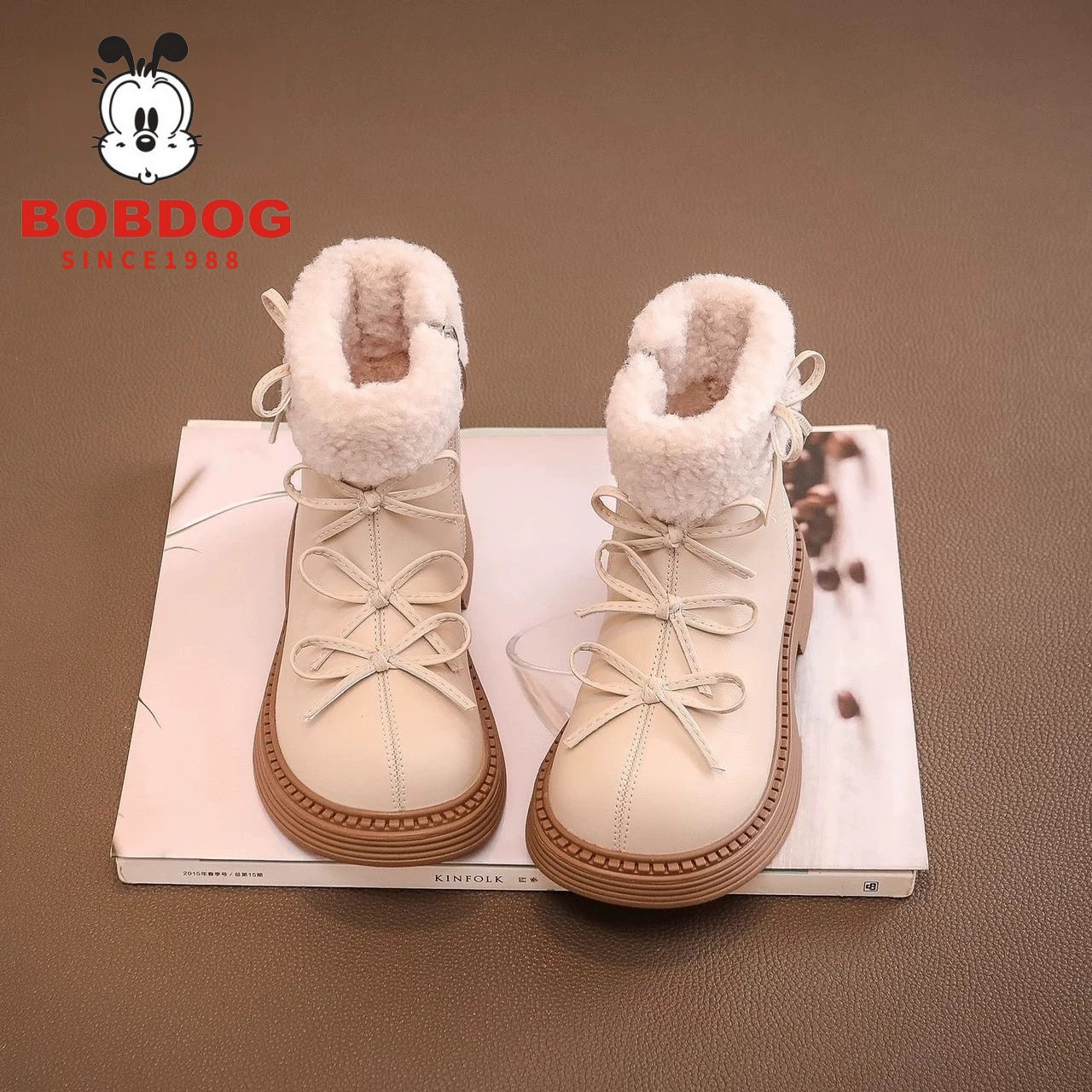巴布豆真皮女童靴子加绒保暖棉鞋