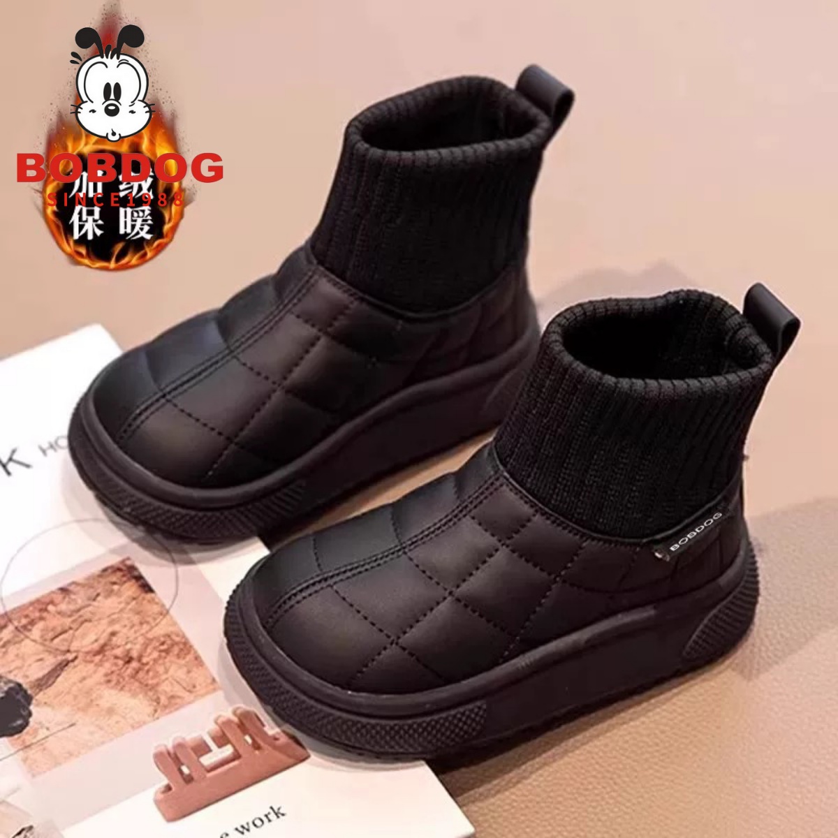巴布豆真皮女童雪地靴男童棉鞋