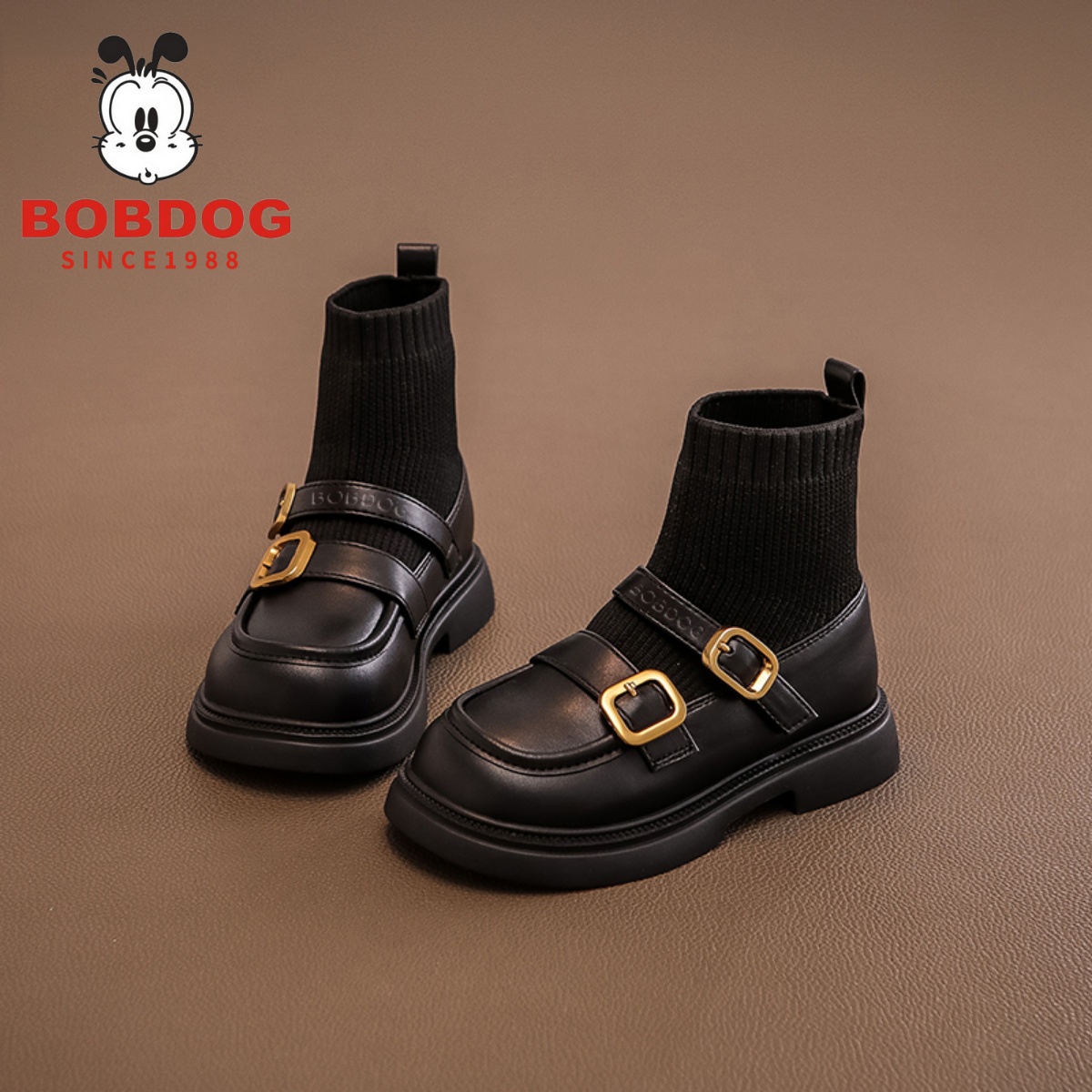 巴布豆真皮女童鞋子儿童马丁靴