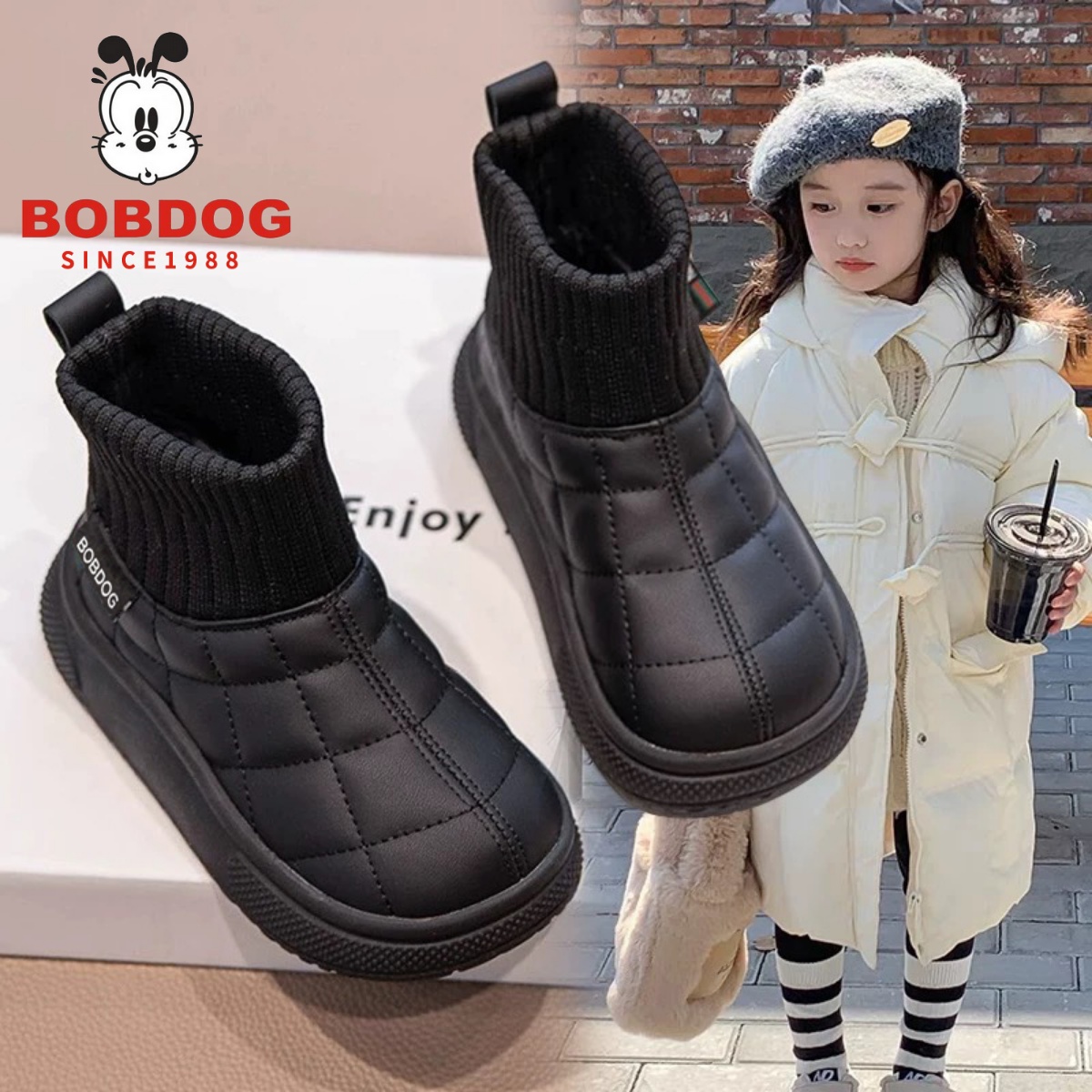 巴布豆真皮儿童棉鞋保暖雪地靴