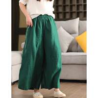 2026 New style cotton and linen wide-leg pants for women, retro sand-washed wide-leg pants, casual elastic tight waist slimming, 9-inch pants for summer loose thumbnail 3