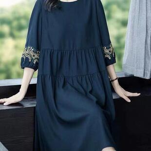 圆领绣花民族风高档连衣裙新款大码夏季女装复古拼接宽松显瘦裙子