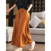 2026 New style cotton and linen wide-leg pants for women, retro sand-washed wide-leg pants, casual elastic tight waist slimming, 9-inch pants for summer loose thumbnail 6