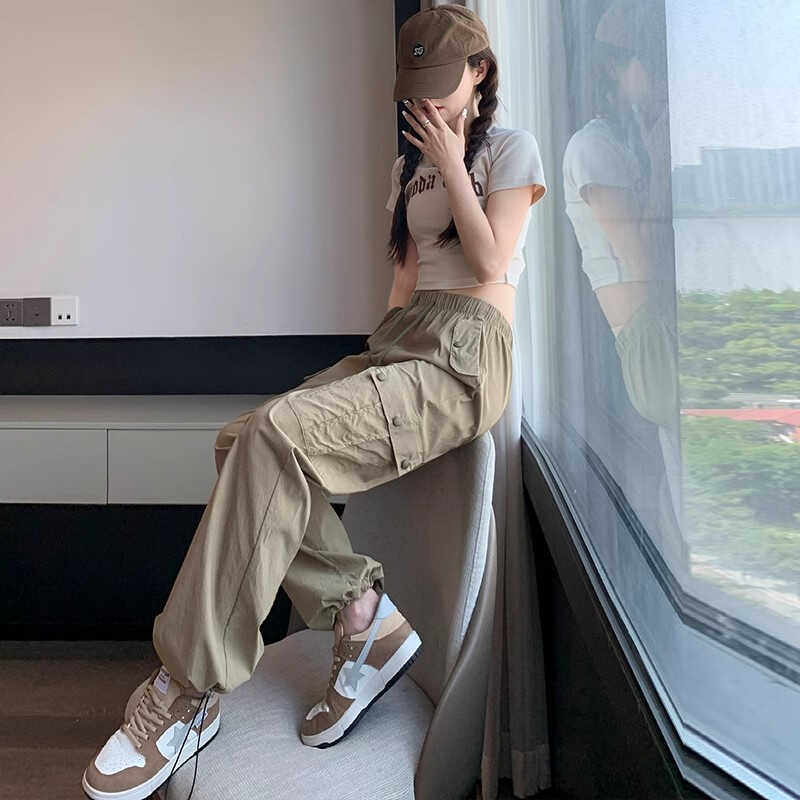 粉色工装阔腿裤女夏季新款高腰垂感窄版小个子美式速干运动休闲裤,女装/女士精品,休闲裤,淘宝优惠券,粉丝福利购,淘宝优惠卷