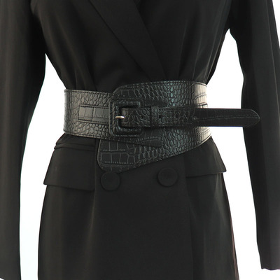 宽腰带斜跨鳄鱼纹压花百搭纯色