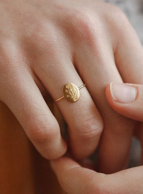 MINI BLOOM自然植物系椭圆枝叶金色纯银戒指