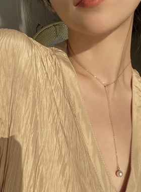 MINI BLOOM 可调节8mm天然珍珠Y字链项链女锁骨链美国进口14K包金