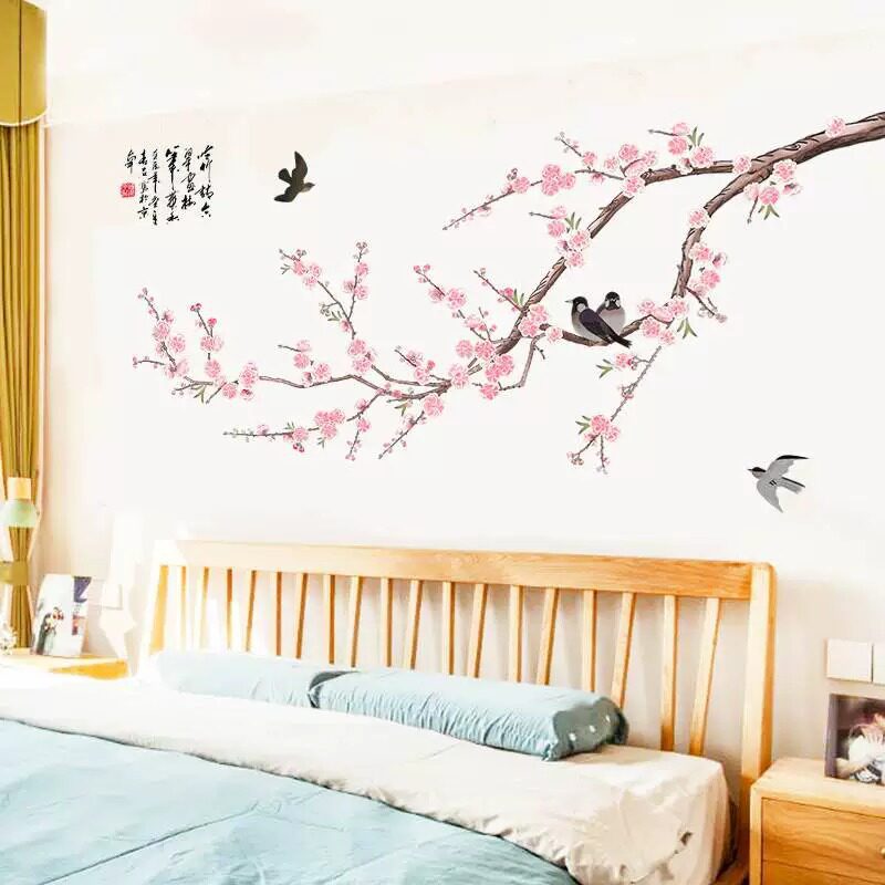 中国风花鸟电视背景墙贴纸卧室墙面装饰温馨墙纸自粘创意墙壁贴画