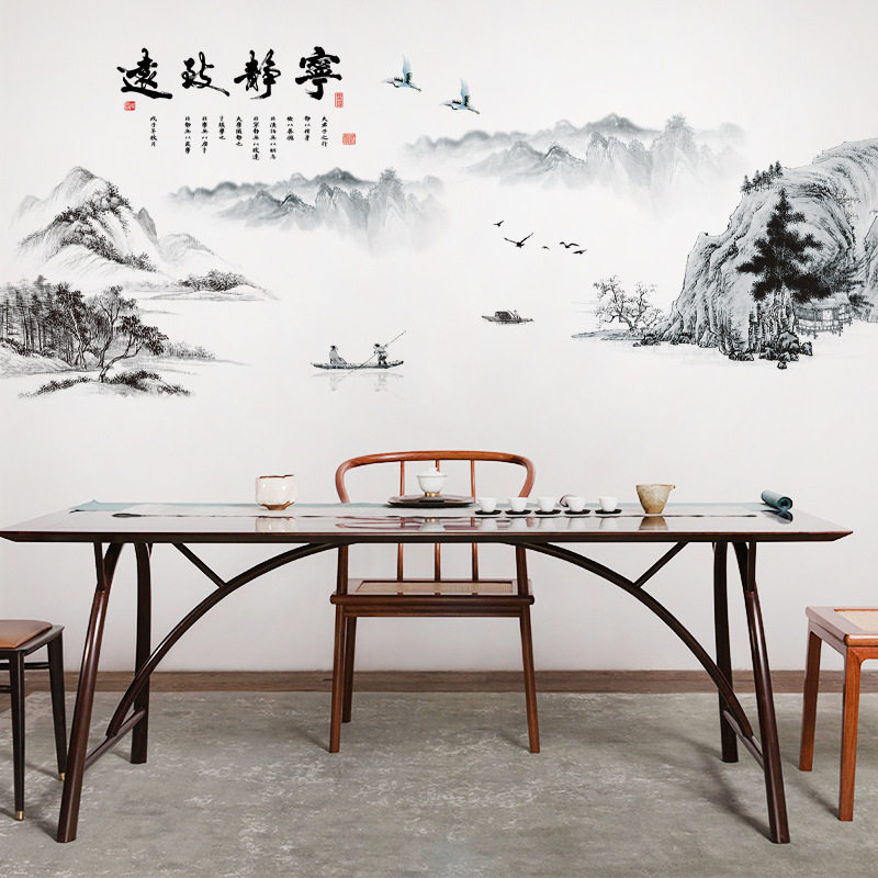 中国风山水风景画立体感墙贴纸客厅墙面装饰背景墙壁贴画墙纸自粘