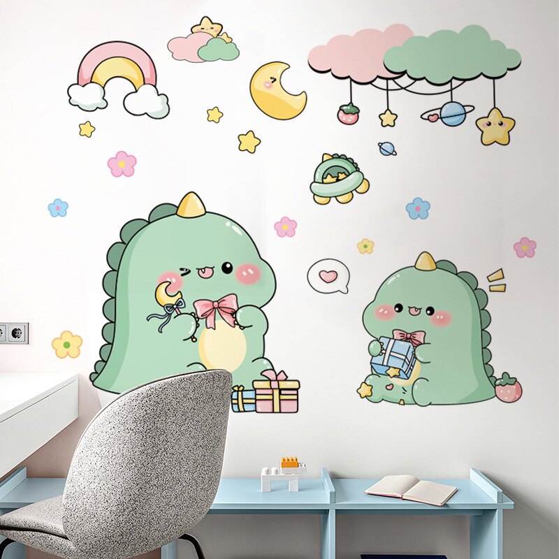 卡通恐龙墙贴纸幼儿园睡房布置儿童房间装饰卧室墙壁温馨晚安贴画