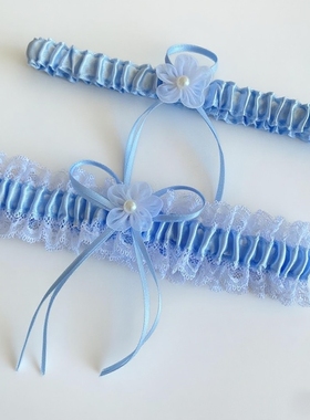 新品女士袜带新娘蕾丝吊袜带欧美蝴蝶结蓝色腿饰婚礼结婚吊袜带