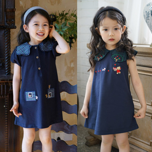日系Fam女童娃娃领连衣裙短袖 宝宝可爱学院风翻领休闲裙儿童裙子