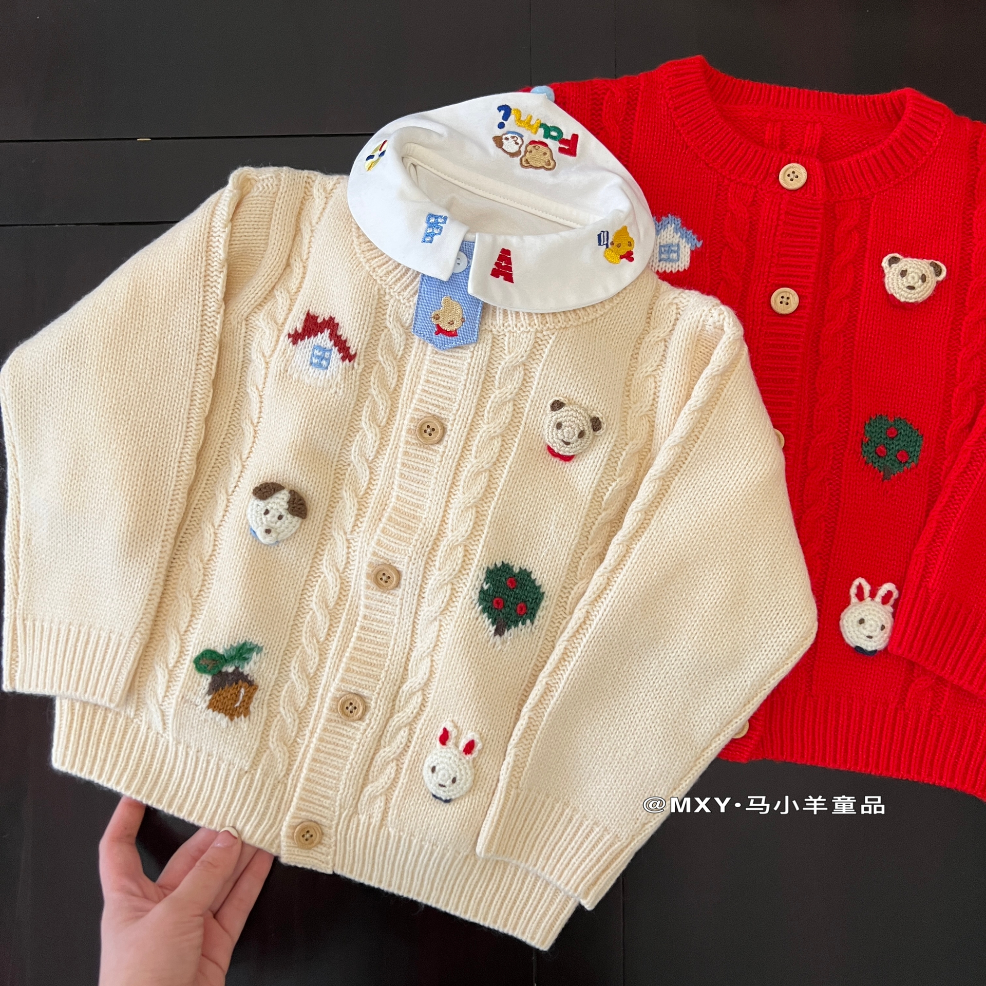 圣诞新年红毛衣～25秋冬羊毛混纺儿童开衫男女宝宝可爱毛衣亲子装