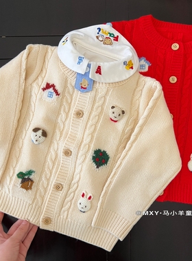 圣诞新年红毛衣～25秋冬羊毛混纺儿童开衫男女宝宝可爱毛衣亲子装