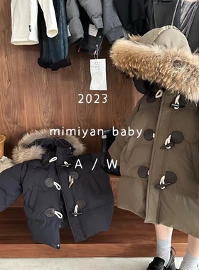 行走的小暖炉～儿童外套男童貉子毛牛角扣白鸭绒女童中长款羽绒服