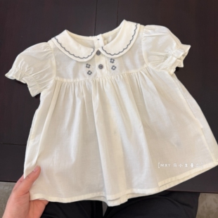 【韩国高品质】女童夏季上衣薄款纯棉白色绣花翻领短袖娃娃衫衬衫