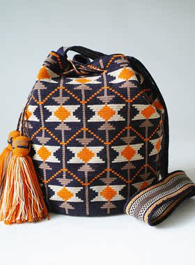 哥仑比亚WAYUU部落手工编织包瓦尤包单股大号深蓝橘米图腾