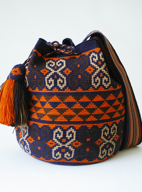 哥仑比亚WAYUU部落手工编织包瓦尤包单股大号深蓝桔米军绿图腾