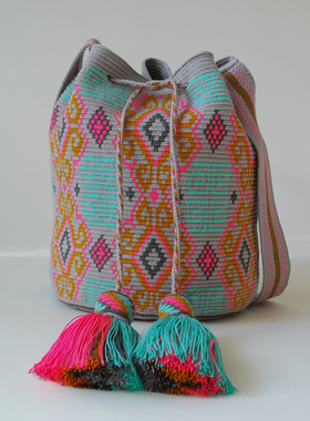哥仑比亚WAYUU部落手工编织包瓦尤包单股大号浅灰荧粉蓝图腾
