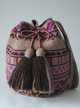 哥仑比亚WAYUU部落手工编织包瓦尤包单股大号豆沙玫粉几何三角