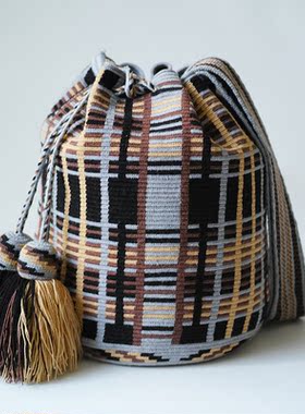 哥仑比亚WAYUU部落手工编织包瓦尤包单股大号深蓝米黄波纹经典