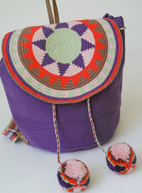 哥仑比亚WAYUU部落手工编织包瓦尤包双股大号带盖书包紫果绿