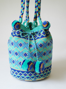 哥仑比亚WAYUU部落手工编织包瓦尤包单股大号单肩手提深浅蓝好球