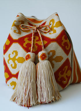 哥仑比亚WAYUU部落手工编织包瓦尤包单股大号米底红姜黄
