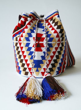 哥仑比亚WAYUU部落手工编织包瓦尤包双股大号白蓝红锯齿菱形
