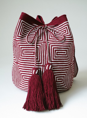 哥仑比亚WAYUU部落手工编织包瓦尤包单股大号金线酒红回型迷宫