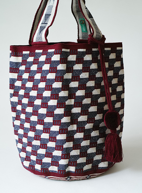 哥仑比亚WAYUU部落手工编织包瓦尤包单股金线托特酒红蓝银格格
