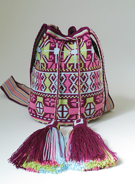 哥仑比亚WAYUU部落手工编织包瓦尤包单股中号枣红果绿蓝图腾现货