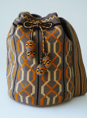 哥仑比亚WAYUU部落手工编织包瓦尤包单股大号土灰桔米几何蛋抽