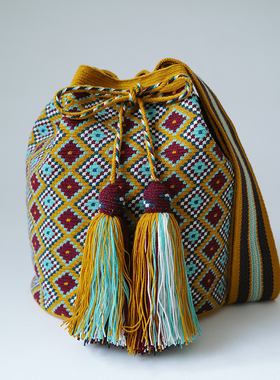 哥仑比亚WAYUU部落手工编织包瓦尤包单股大号姜黄枣红蓝碎菱形