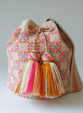 哥仑比亚WAYUU部落手工编织瓦尤包单股大号米底粉姜黄灰花花