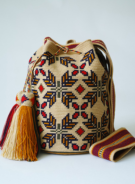 哥仑比亚WAYUU部落手工编织包瓦尤包单股大号米黄红棕枫叶