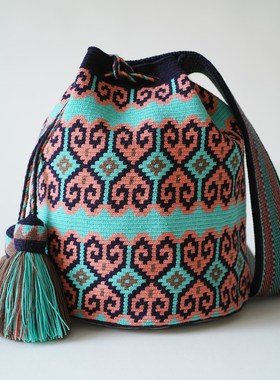 哥仑比亚WAYUU部落手工编织瓦尤包水桶包单股大号深浅蓝粉紧箍咒