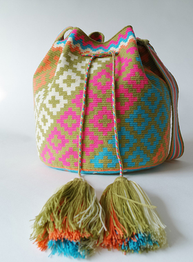 哥仑比亚WAYUU部落手工编织瓦尤包水桶包单股大号特价款果绿