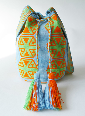 哥仑比亚WAYUU部落手工编织瓦尤包水桶包单股中号水蓝钻石现货