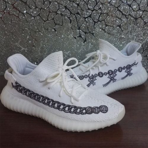 手绘定制YEEZY白冰淇淋椰子球鞋350v2改色英伦风锁链吊坠涂鸦球鞋