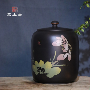 五土堂云南建水紫陶彩填荷花茶叶罐刻填醒茶罐散茶龙珠1斤茶罐