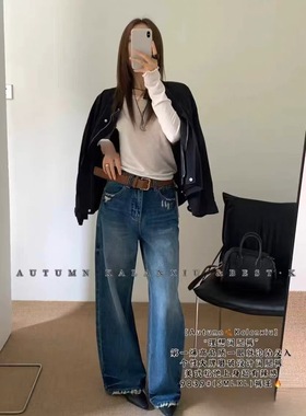 卡兰秀9839磨破设计感阔腿裤女2025秋新款高腰显瘦宽松直筒牛仔裤